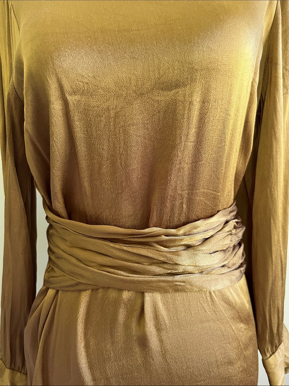 Dynamite • Women’s S • Metallic Gold • Long-Sleeve Wrap Waist Dress - Picture 4 of 7